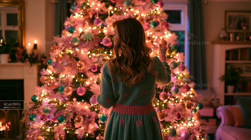 Christmas living room with pastel decorations and a glowing tree