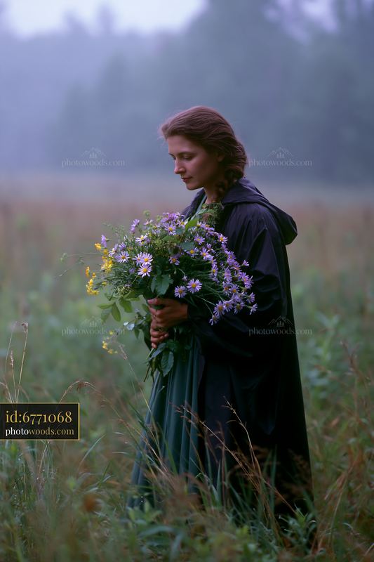 Woman holding wildflowers in a meadow in morning mist