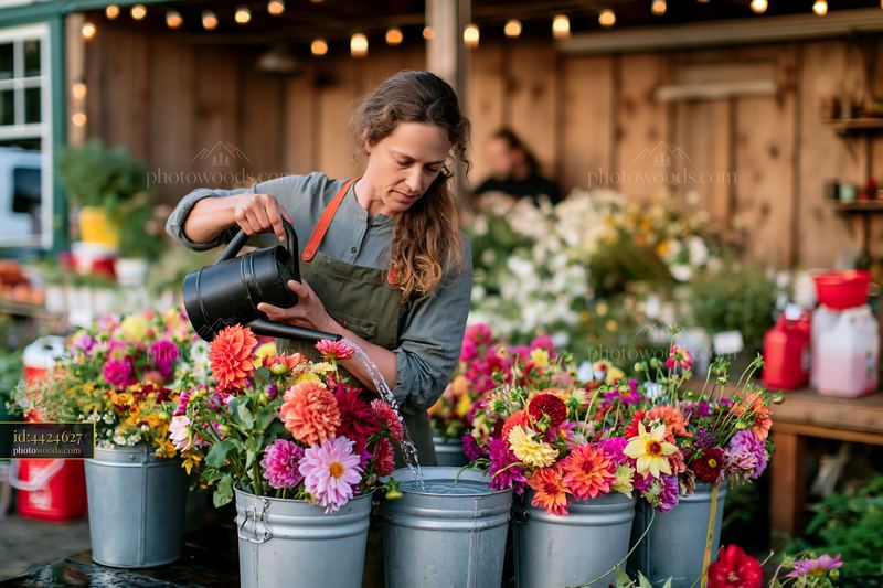 Mixing seasonal flowers at farmers market