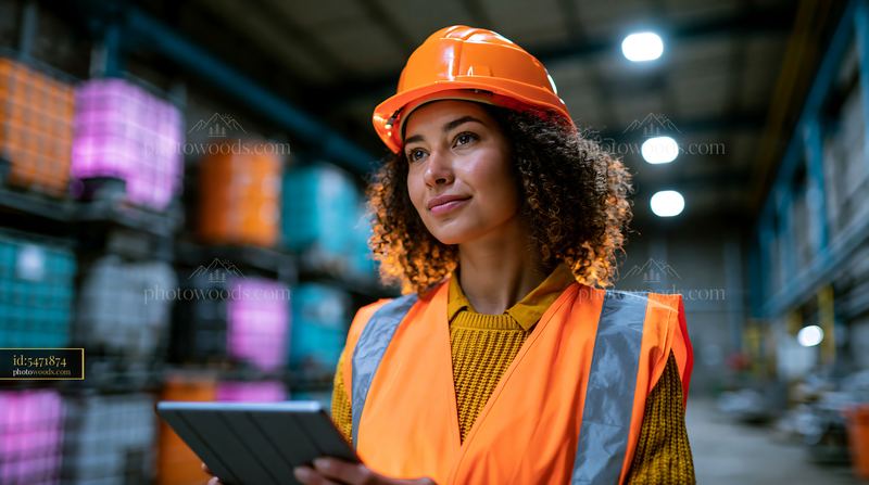 Woman in safety gear using a tablet in a warehouse setting