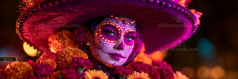 Vibrant Day of the Dead with woman in traditional dress