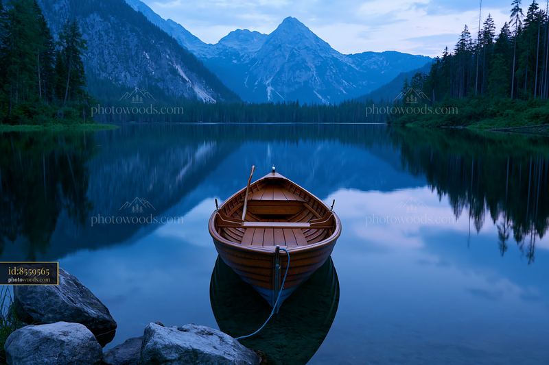 Alpine lake reflecting mountains with a wooden boat