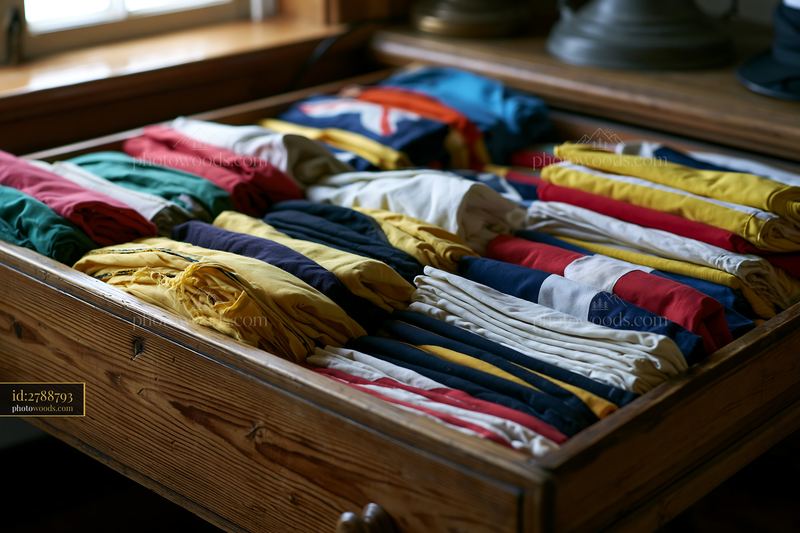 Colorful folded shirts in a drawer at a lighthouse museum