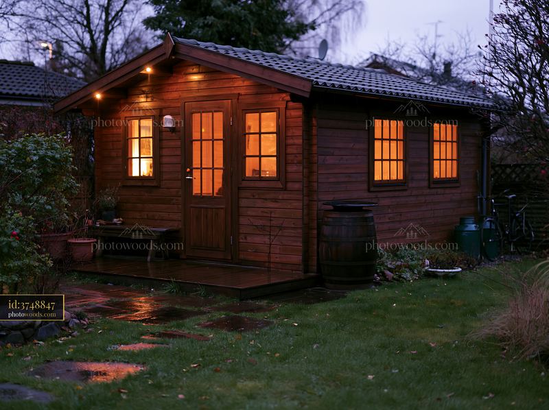 Empty wooden garden house with warm window light