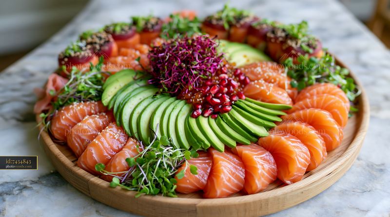 Sushi with microgreens close-up on a wooden platter