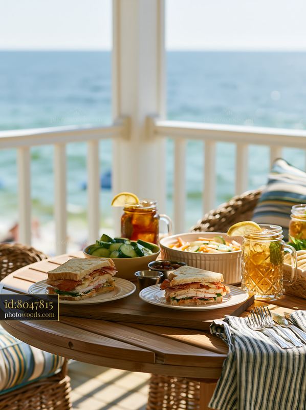 Coastal setting with beach picnic buffet on a wooden table