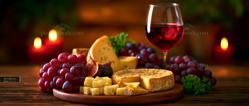 Cheese platter with red wine and grapes on wooden table