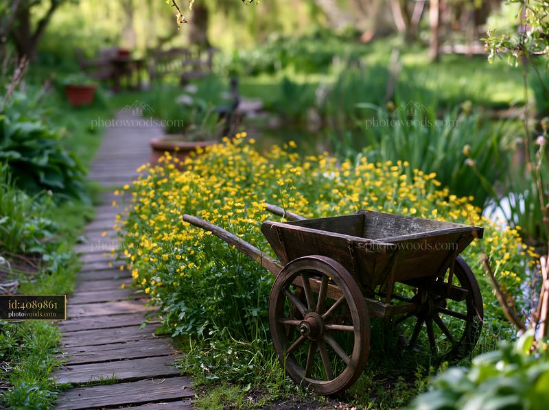 Island covered with buttercups with a garden path and wheelbarrow