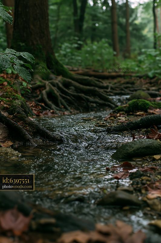 Woodland stream flows among exposed tree roots in the forest