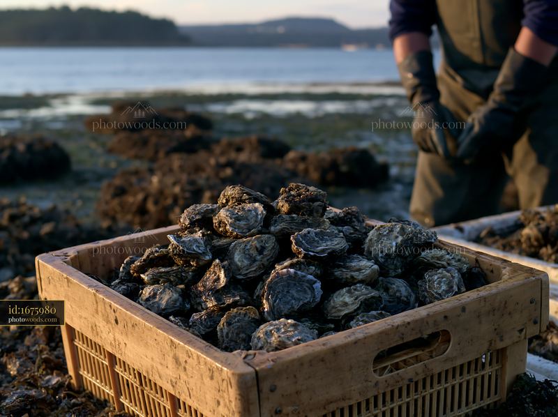Oyster harvesting on the coastline with oyster beds