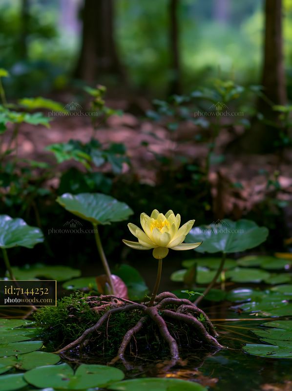 Yellow water lily blooms in small pond surrounded by greenery