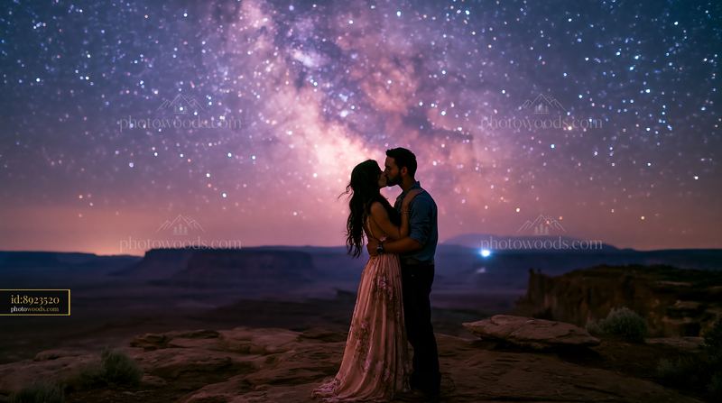 Young couple kissing beneath visible Milky Way at night