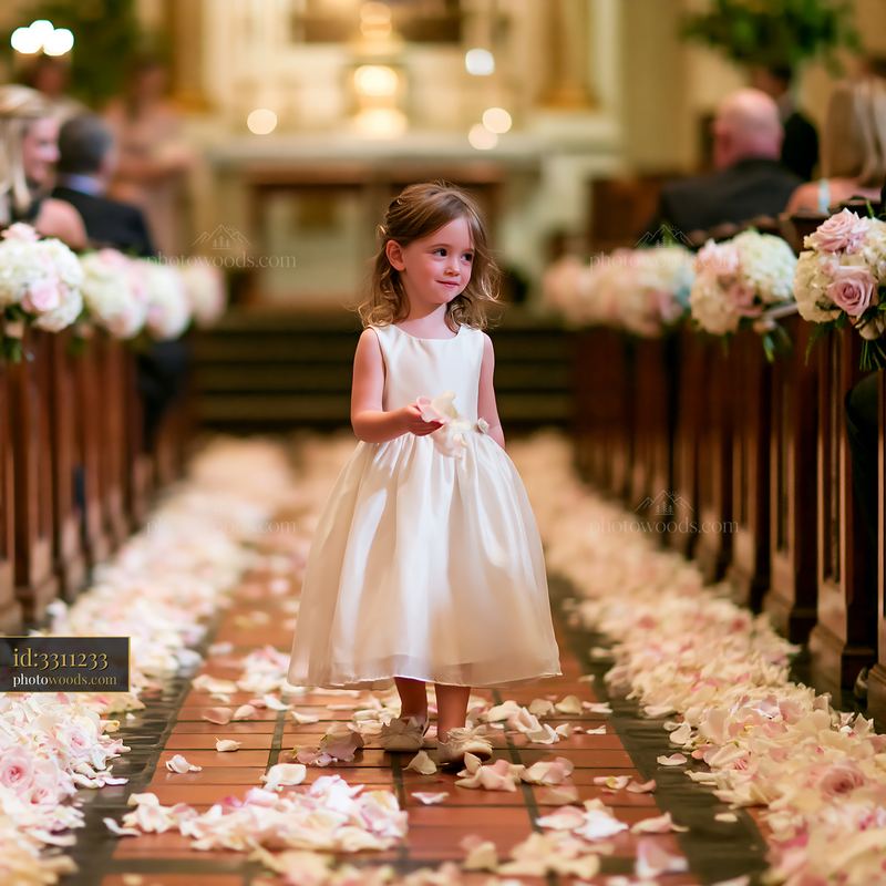 Flower girl walking down church aisle with flower petals