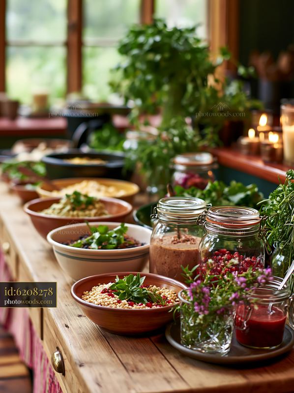 Zero waste buffet table with fresh food and plants