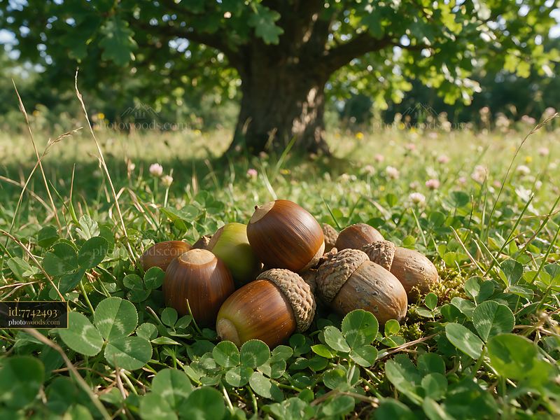 Acorns beneath an oak tree in a sunlit meadow