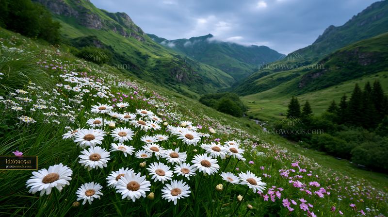Alpine Meadow With Blooming Flowers in Green Mountains