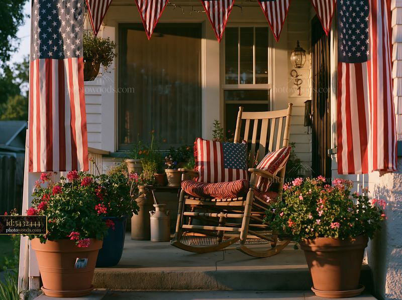 American flag decorations enhance porch with rocking chair and flowers