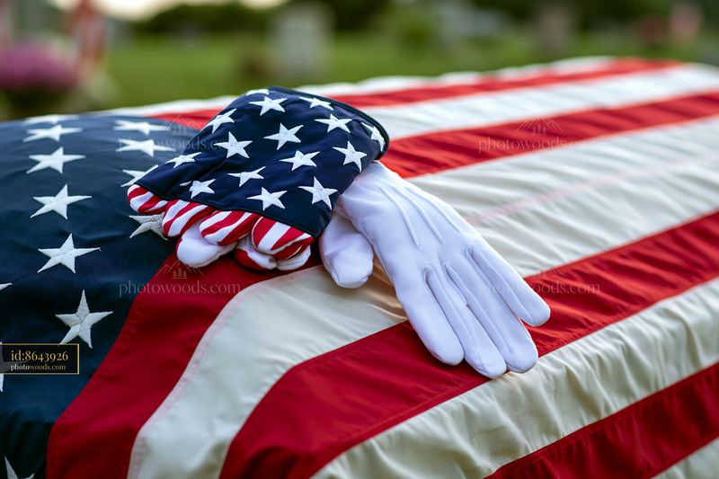 American flag draped over casket with white gloves at cemetery