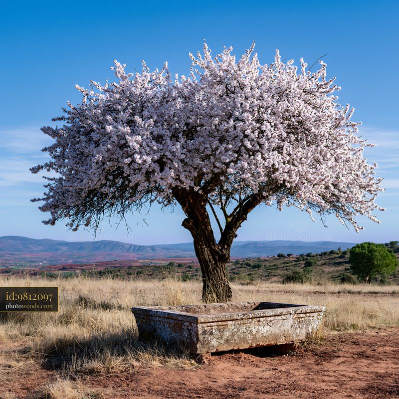 Almond tree blossoms in landscape with blue sky