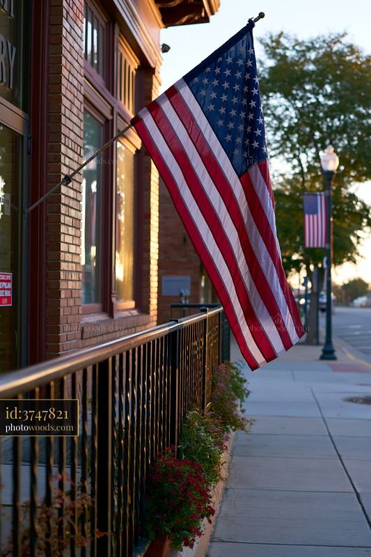 American flag hanging vertically on a building in a city street