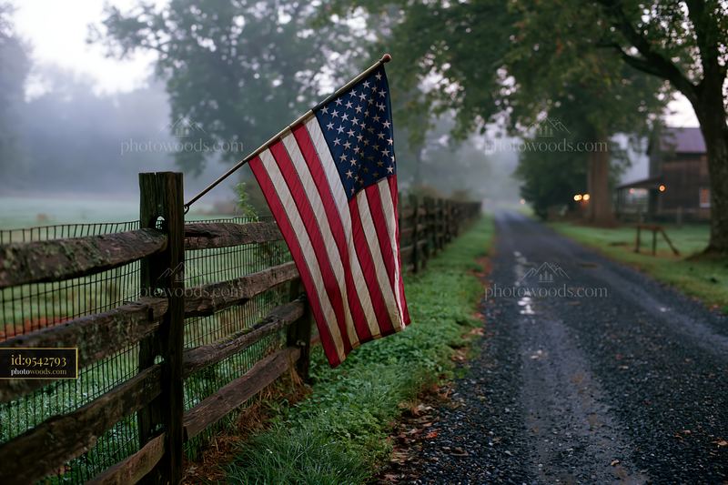 American flag on rural road near wooden fence