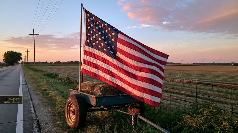 American flag displayed on a rural road at sunset