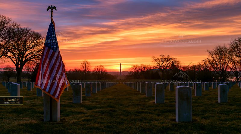 American flag at Arlington Cemetery during sunset