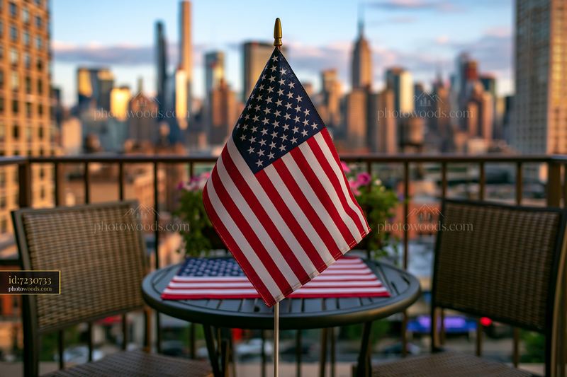 American flag table decoration on a balcony with city skyline