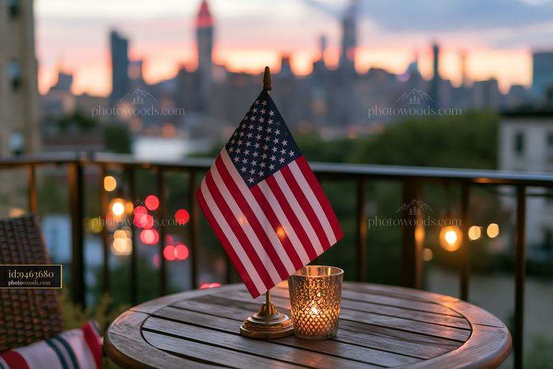 American flag table decoration on balcony with city skyline view