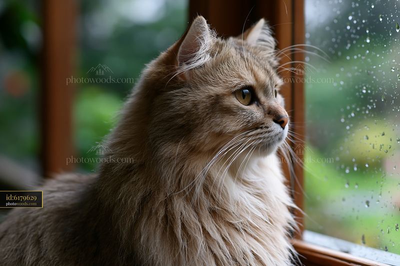 Asian Semi-longhair cat looking out the window on a rainy day