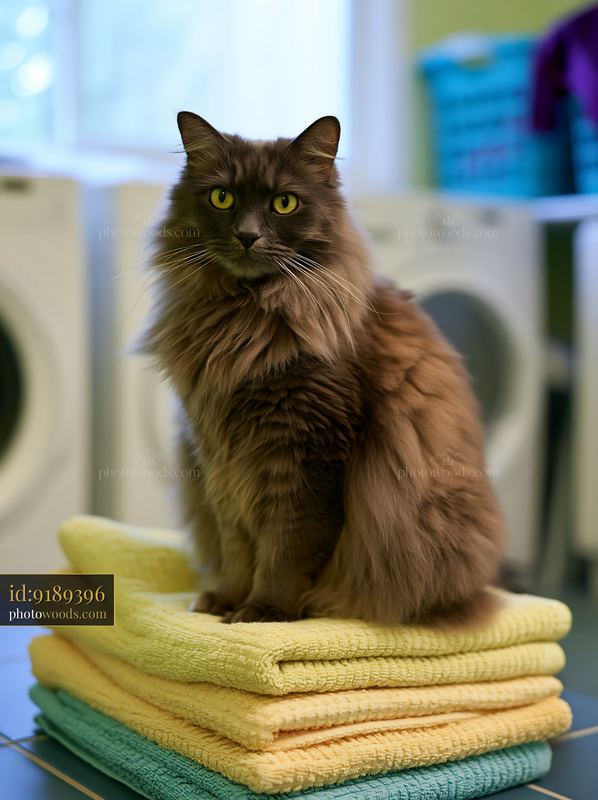 Asian Semi-longhair cat sitting on folded towels in a laundry room