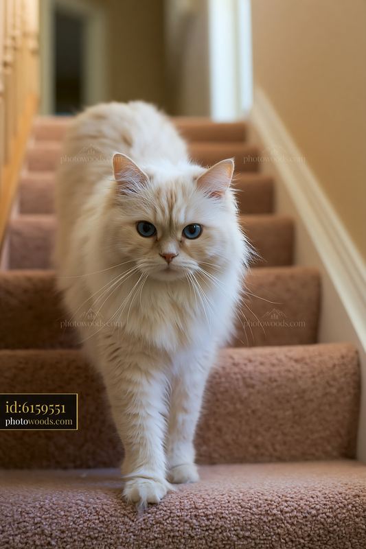 Asian Semi-longhair cat walking down staircase at home