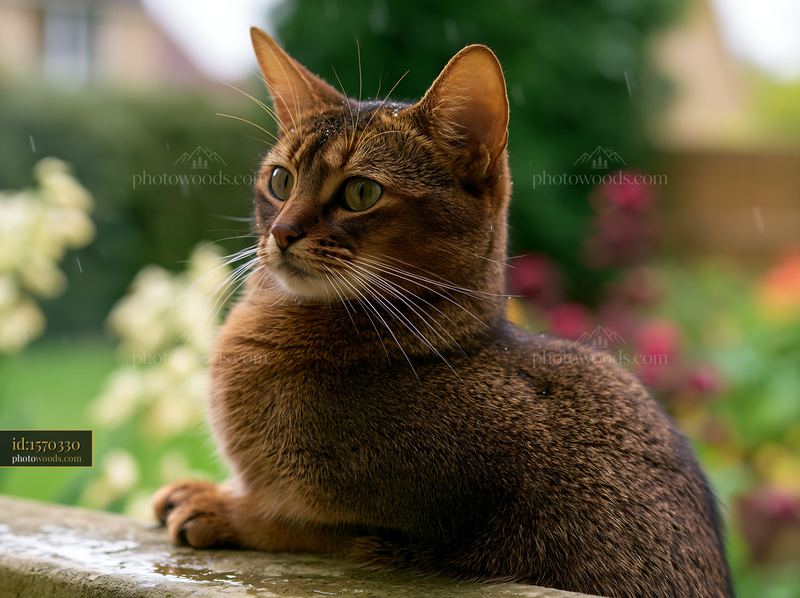 Australian Mist cat sitting on a ledge in a garden
