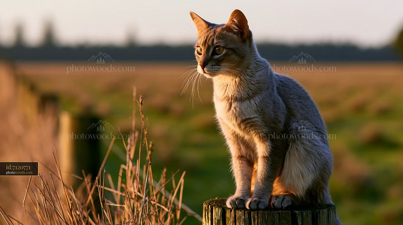 Australian Mist cat sitting on a wooden post in a field