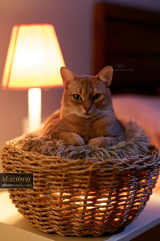Australian Mist cat resting in a cozy woven basket at night