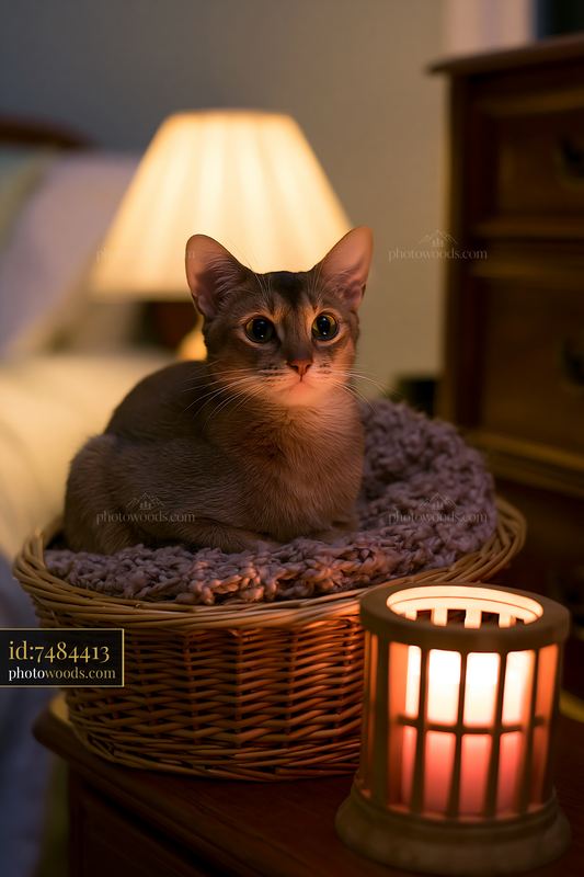 Australian Mist cat resting in a cozy basket near a lamp