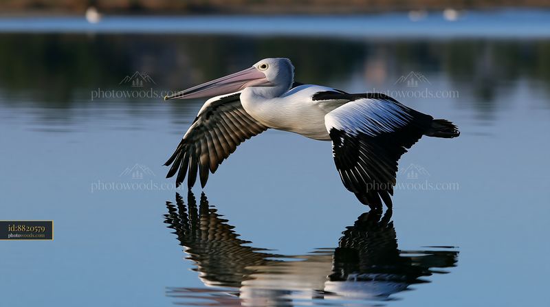 Australian pelican gliding over a coastal lagoon