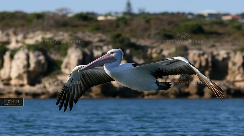 Australian pelican flying over coastal lagoon water