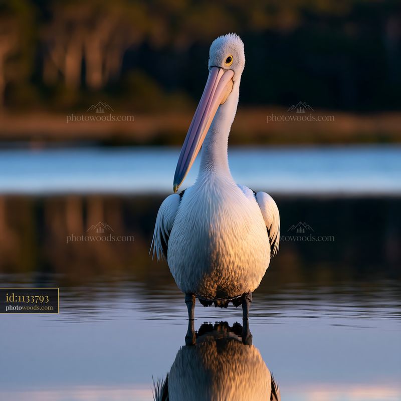 Australian pelican stands in calm water at a coastal lagoon