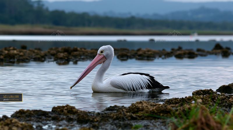Australian pelican swims in a coastal lagoon surrounded by nature