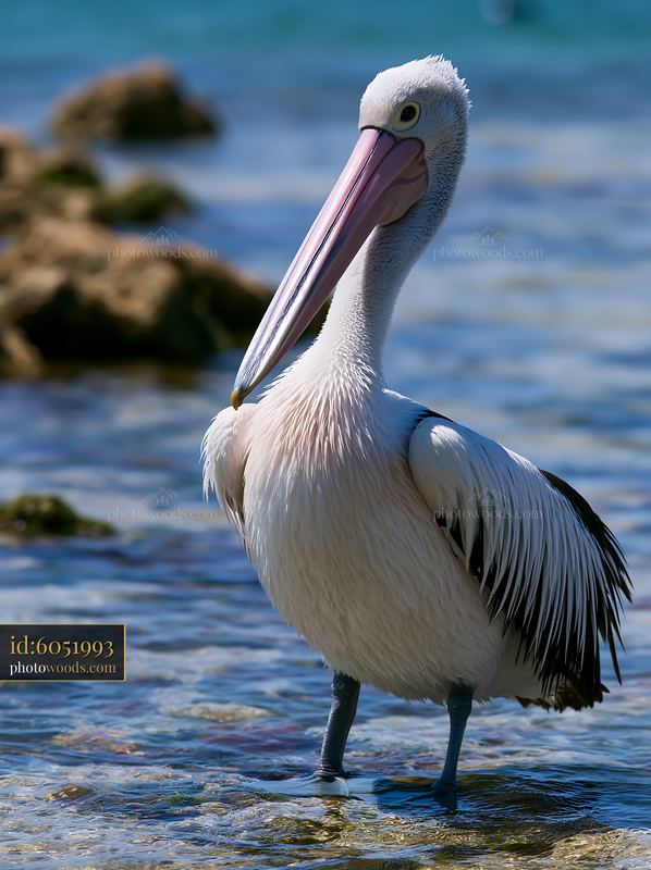 Australian pelican stands in clear water near coastal lagoon