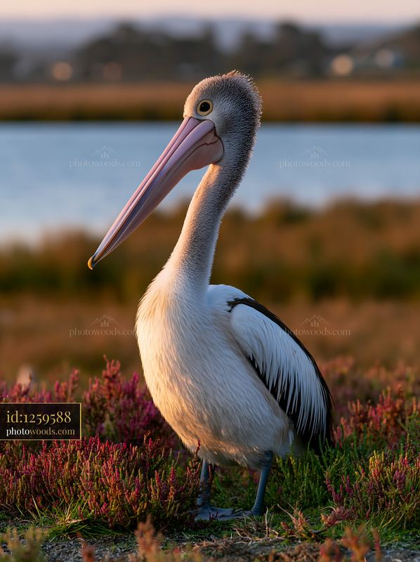 Australian pelican stands near lagoon at sunset