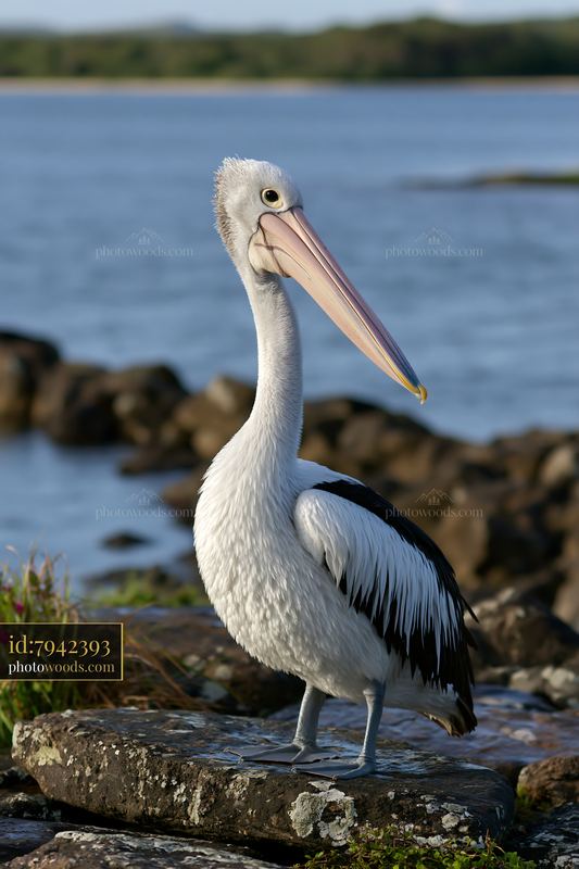 An Australian pelican on coastal lagoon stands on a rock, looking around.