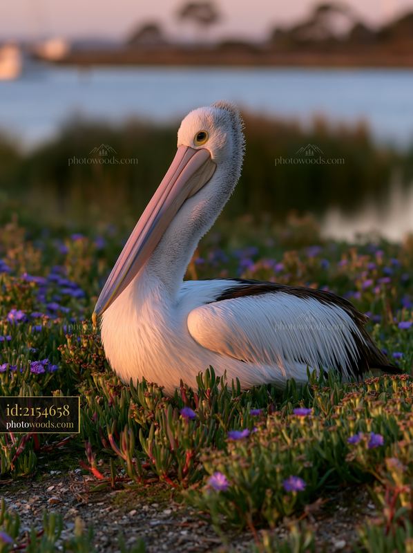 Australian pelican resting near flowers at coastal lagoon
