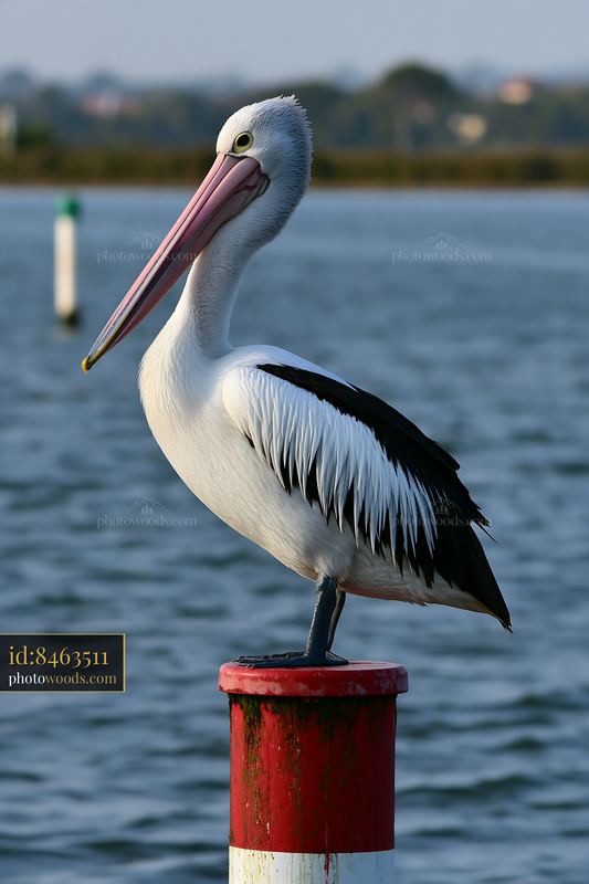 Australian pelican standing on a pole in a coastal lagoon