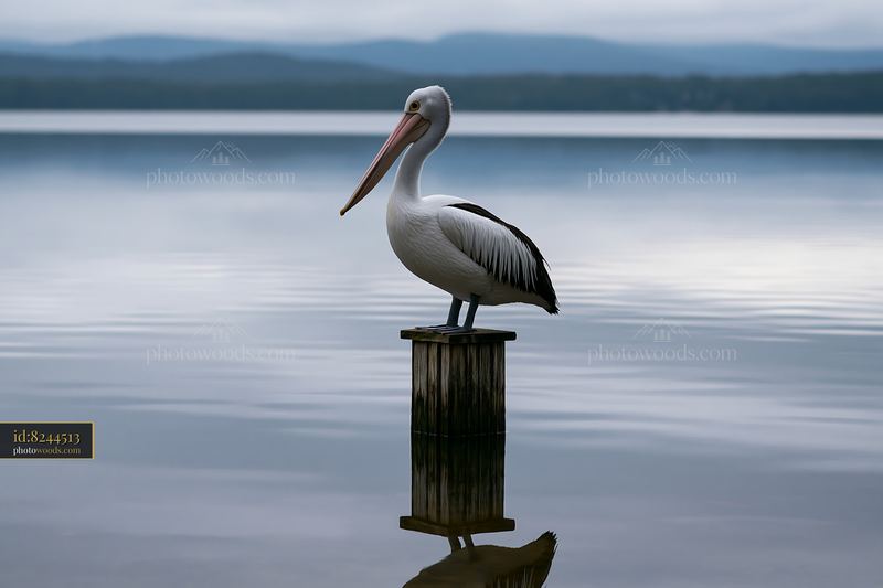 Australian pelican standing on a post in a coastal lagoon