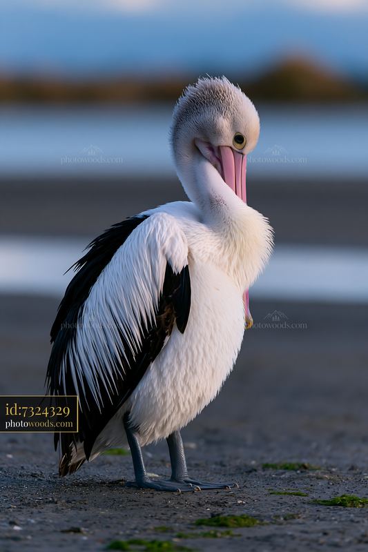 Australian pelican standing by coastal lagoon
