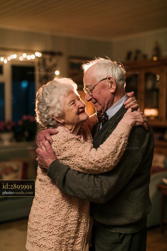 Elderly couple dancing slowly in their cozy living room