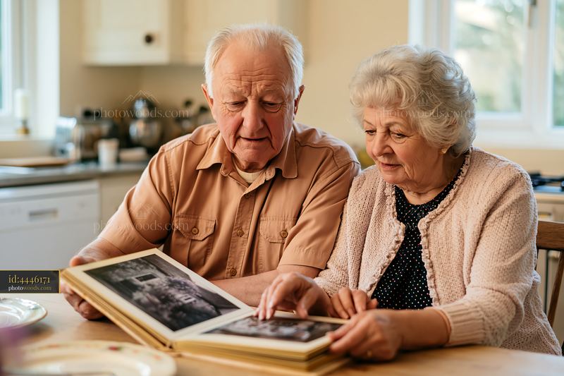 Elderly couple looking through a photo album together at home