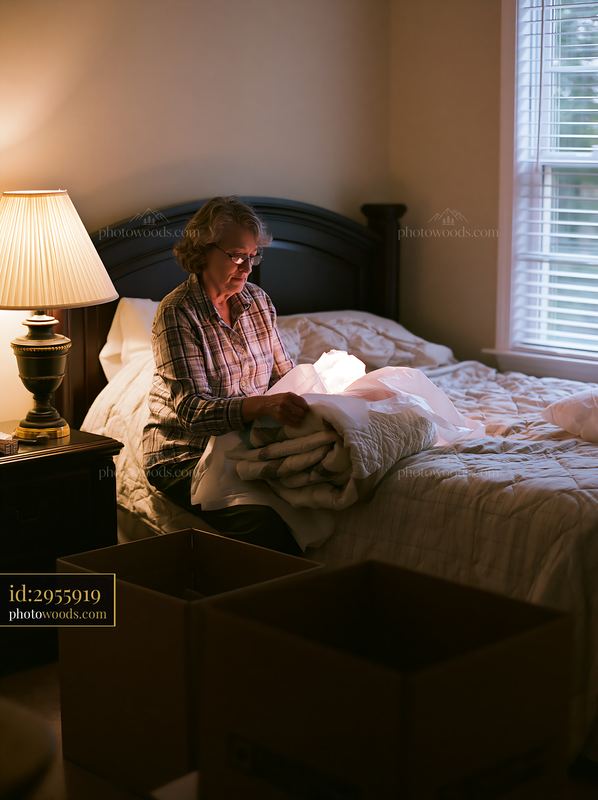 Elderly woman packing household belongings in a bedroom